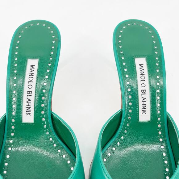Manolo Blahnik Green Leather Pertinanu Bow Detail Kitten Heel Mules IT 36.5 - Picture 7 of 11